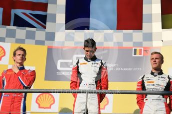 World © Octane Photographic Ltd. Saturday 22nd August 2015. ART Grand Prix – Esteban Ocon (1st - later demoted to 2nd for exceeding VSC speed limit), Arden International – Emil Bernstorff (2nd - later promoted to 1st) and ART Grand Prix – Marvin Kirchhofer (3rd). GP3 Race 1 podium – Spa-Francorchamps, Belgium. Digital Ref. : 1384LB1D1311