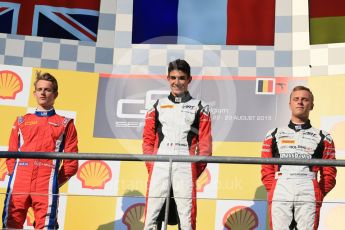World © Octane Photographic Ltd. Saturday 22nd August 2015. ART Grand Prix – Esteban Ocon (1st - later demoted to 2nd for exceeding VSC speed limit), Arden International – Emil Bernstorff (2nd - later promoted to 1st) and ART Grand Prix – Marvin Kirchhofer (3rd). GP3 Race 1 podium – Spa-Francorchamps, Belgium. Digital Ref. : 1384LB1D1327