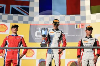 World © Octane Photographic Ltd. Saturday 22nd August 2015. ART Grand Prix – Esteban Ocon (1st - later demoted to 2nd for exceeding VSC speed limit), Arden International – Emil Bernstorff (2nd - later promoted to 1st) and ART Grand Prix – Marvin Kirchhofer (3rd). GP3 Race 1 podium – Spa-Francorchamps, Belgium. Digital Ref. : 1384LB1D1344