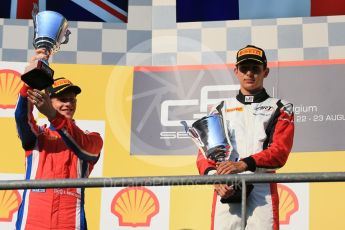 World © Octane Photographic Ltd. Saturday 22nd August 2015. ART Grand Prix – Esteban Ocon (1st - later demoted to 2nd for exceeding VSC speed limit), Arden International – Emil Bernstorff (2nd - later promoted to 1st) and ART Grand Prix – Marvin Kirchhofer (3rd). GP3 Race 1 podium – Spa-Francorchamps, Belgium. Digital Ref. : 1384LB1D1344