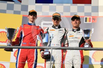 World © Octane Photographic Ltd. Saturday 22nd August 2015. ART Grand Prix – Esteban Ocon (1st - later demoted to 2nd for exceeding VSC speed limit), Arden International – Emil Bernstorff (2nd - later promoted to 1st) and ART Grand Prix – Marvin Kirchhofer (3rd). GP3 Race 1 podium – Spa-Francorchamps, Belgium. Digital Ref. : 1384LB1D1360