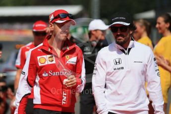 World © Octane Photographic Ltd. Scuderia Ferrari SF15-T – Sebastian Vettel and McLaren Honda MP4/30 – Fernando Alonso. Sunday 23rd August 2015, F1 Belgian GP Drivers’ Parade, Spa-Francorchamps, Belgium. Digital Ref: 1388LB1D1863