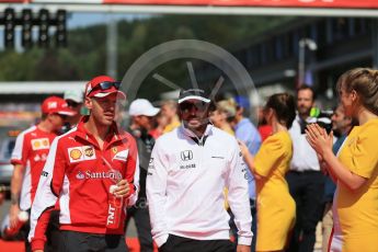 World © Octane Photographic Ltd. Scuderia Ferrari SF15-T – Sebastian Vettel and McLaren Honda MP4/30 – Fernando Alonso. Sunday 23rd August 2015, F1 Belgian GP Drivers’ Parade, Spa-Francorchamps, Belgium. Digital Ref: 1388LB1D1869