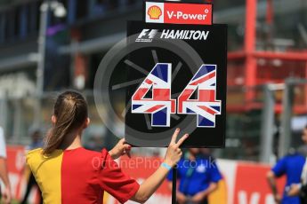 World © Octane Photographic Ltd. Mercedes AMG Petronas F1 W06 Hybrid – Lewis Hamilton's grid girl holding his place marker board. Sunday 23rd August 2015, F1 Belgian GP Grid, Spa-Francorchamps, Belgium. Digital Ref: 1388LB1D1951