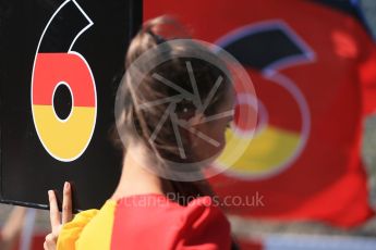 World © Octane Photographic Ltd. Mercedes AMG Petronas F1 W06 Hybrid – Nico Rosberg's grid girl holding his place marker board. Sunday 23rd August 2015, F1 Belgian GP Grid, Spa-Francorchamps, Belgium. Digital Ref: 1388LB1D1957