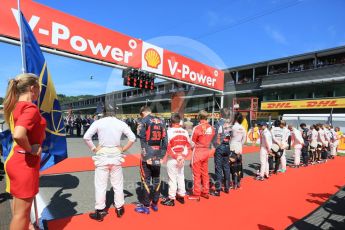 World © Octane Photographic Ltd. The drivers line up for the playing of the Belgian National Anthem. Sunday 23rd August 2015, F1 Belgian GP Grid, Spa-Francorchamps, Belgium. Digital Ref: 1388LB5D9972