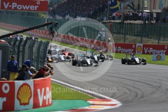 World © Octane Photographic Ltd. Mercedes AMG Petronas F1 W06 Hybrid – Lewis Hamilton and Sahara Force India VJM08B – Sergio Perez side by side into La Source hairpin on lap 1. Sunday 23rd August 2015, F1 Belgian GP Race, Spa-Francorchamps, Belgium. Digital Ref: 1389LB1D2021