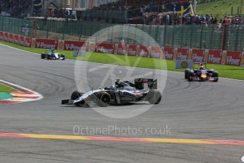 World © Octane Photographic Ltd. Sahara Force India VJM08B – Sergio Perez and Infiniti Red Bull Racing RB11 – Daniel Ricciardo. Sunday 23rd August 2015, F1 Belgian GP Race, Spa-Francorchamps, Belgium. Digital Ref: 1389LB5D9986