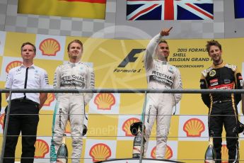 World © Octane Photographic Ltd. Mercedes AMG Petronas F1 W06 Hybrid – Lewis Hamilton (1st), Nico Rosberg (2nd) and Lotus F1 Team E23 Hybrid – Romain Grosjean (3rd). Sunday 23rd August 2015, F1 Belgian GP Podium, Spa-Francorchamps, Belgium. Digital Ref: 1390LB1D2285