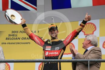 World © Octane Photographic Ltd. Lotus F1 Team E23 Hybrid – Romain Grosjean (3rd). Sunday 23rd August 2015, F1 Belgian GP Podium, Spa-Francorchamps, Belgium. Digital Ref: 1390LB1D2393
