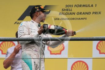 World © Octane Photographic Ltd. Mercedes AMG Petronas F1 W06 Hybrid – Lewis Hamilton (1st). Sunday 23rd August 2015, F1 Belgian GP Podium, Spa-Francorchamps, Belgium. Digital Ref: 1390LB1D2467