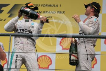 World © Octane Photographic Ltd. Mercedes AMG Petronas F1 W06 Hybrid – Lewis Hamilton (1st), Nico Rosberg (2nd). Sunday 23rd August 2015, F1 Belgian GP Podium, Spa-Francorchamps, Belgium. Digital Ref: 1390LB1D2473