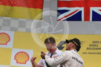 World © Octane Photographic Ltd. Mercedes AMG Petronas F1 W06 Hybrid – Lewis Hamilton (1st). Sunday 23rd August 2015, F1 Belgian GP Podium, Spa-Francorchamps, Belgium. Digital Ref: 1390LB1D2481
