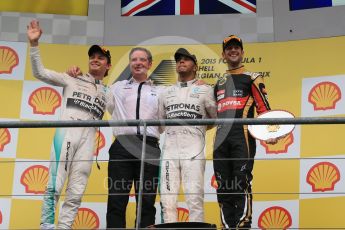 World © Octane Photographic Ltd. Mercedes AMG Petronas F1 W06 Hybrid – Lewis Hamilton (1st), Nico Rosberg (2nd) and Lotus F1 Team E23 Hybrid – Romain Grosjean (3rd). Sunday 23rd August 2015, F1 Belgian GP Podium, Spa-Francorchamps, Belgium. Digital Ref: 1390LB1D2493