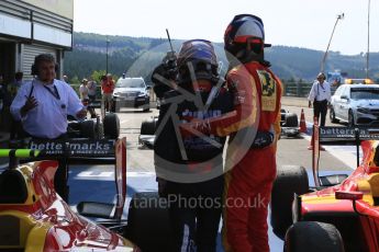 World © Octane Photographic Ltd. Sunday 23rd August 2015. Russian Time – Mitch Evans. GP2  and Racing Engineering – Alexander Rossi. GP2 Race 2 Parc Ferme – Spa-Francorchamps, Belgium. Digital Ref. : 1386LB5D9831