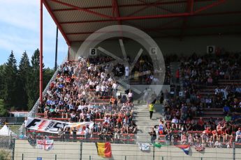 World © Octane Photographic Ltd. Sunday 23rd August 2015. The crowds with "F1 needs Stof" banner. GP2 Race 2 Podium – Spa-Francorchamps, Belgium. Digital Ref. : 1386LB5D9868