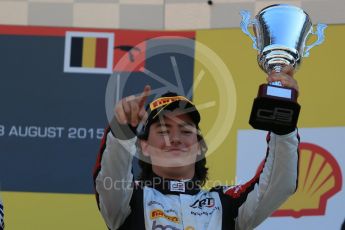 World © Octane Photographic Ltd. Sunday 23rd August 2015. ART Grand Prix - Alfonso Celis Jr (3rd). GP3 Race 2 Podium – Spa-Francorchamps, Belgium. Digital Ref. : 1385LB1D1599