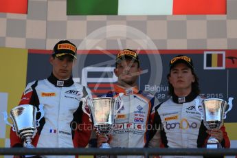 World © Octane Photographic Ltd. Sunday 23rd August 2015. Trident – Luca Ghiotto (1st), ART Grand Prix – Esteban Ocon(2nd) and Alfonso Celis Jr (3rd). GP3 Race 2 Podium – Spa-Francorchamps, Belgium. Digital Ref. : 1385LB1D1629