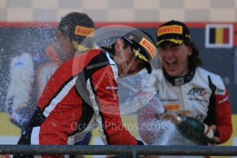 World © Octane Photographic Ltd. Sunday 23rd August 2015. Trident – Luca Ghiotto (1st), ART Grand Prix – Esteban Ocon(2nd) and Alfonso Celis Jr (3rd). GP3 Race 2 Podium – Spa-Francorchamps, Belgium. Digital Ref. : 1385LB1D1664