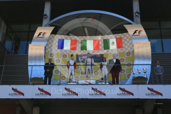 World © Octane Photographic Ltd. Sunday 23rd August 2015. Trident – Luca Ghiotto (1st), ART Grand Prix – Esteban Ocon(2nd) and Alfonso Celis Jr (3rd). GP3 Race 2 Podium – Spa-Francorchamps, Belgium. Digital Ref. : 1385LB5D9789
