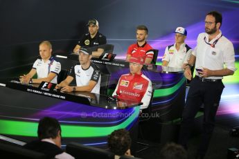 World © Octane Photographic Ltd. FIA Drivers’ Press Conference. Thursday 2nd July 2015, F1 British GP, Silverstone, UK. Williams Martini Racing – Valtteri Bottas, McLaren Honda - Jenson Button, Sauber F1 Team – Marcus Ericsson, Lotus F1 Team – Pastor Maldonado, Scuderia Ferrari – Kimi Raikkonen, Manor Marussia F1 Team – William Stevens. Digital Ref: 1326LB5D8541