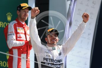 World © Octane Photographic Ltd. Scuderia Ferrari SF15-T– Sebastian Vettel and Mercedes AMG Petronas F1 W06 Hybrid – Lewis Hamilton. Sunday 5th July 2015, F1 British GP Podium, Silverstone, UK. Digital Ref: 1342LB1D6730