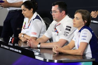 World © Octane Photographic Ltd. FIA Team Personnel Press Conference. Friday 3rd July 2015, F1 British GP, Silverstone, UK.  McLaren Honda Racing Director – Eric Boullier, Williams Martini Racing Deputy Team Principal – Claire Williams, Sauber F1 Team Team Principle – Monisha Kaltenborn. Digital Ref: 1332LB5D9310