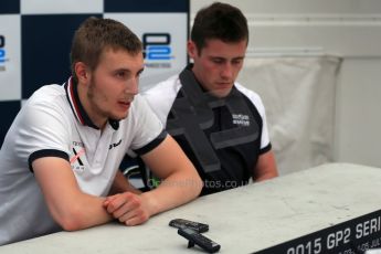 World © Octane Photographic Ltd. Friday 3rd July 2015. Rapax – Sergey Sirotkin (Pole) and Status Grand Prix – Richie Stanaway (3rd). GP2 Qualifying Press Conference – Silverstone, UK. Digital Ref. : 1330lb1d4669