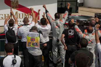 World © Octane Photographic Ltd. Saturday 4th July 2015. Rapax – Sergey Sirotkin's pit crew celebrate. GP2 Feature Race – Silverstone, UK. Digital Ref. : 1336JM1D4954