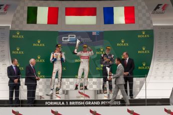 World © Octane Photographic Ltd. Sunday 5th July 2015. Campos Racing – Rio Haryanto (1st), Trident – Raffaele Marciello (2nd) and DAMS – Pierre Gasly (3rd). GP2 Race 2 – Silverstone, UK. Digital Ref. : 1339JM1D5101