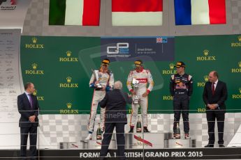 World © Octane Photographic Ltd. Sunday 5th July 2015. Campos Racing – Rio Haryanto (1st), Trident – Raffaele Marciello (2nd) and DAMS – Pierre Gasly (3rd). GP2 Race 2 – Silverstone, UK. Digital Ref. : 1339JM1D5102