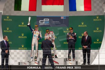 World © Octane Photographic Ltd. Sunday 5th July 2015. Campos Racing – Rio Haryanto (1st), Trident – Raffaele Marciello (2nd) and DAMS – Pierre Gasly (3rd). GP2 Race 2 – Silverstone, UK. Digital Ref. : 1339JM1D5103