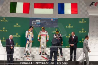 World © Octane Photographic Ltd. Sunday 5th July 2015. Campos Racing – Rio Haryanto (1st), Trident – Raffaele Marciello (2nd) and DAMS – Pierre Gasly (3rd). GP2 Race 2 – Silverstone, UK. Digital Ref. : 1339JM1D5104
