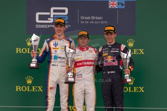 World © Octane Photographic Ltd. Sunday 5th July 2015. Campos Racing – Rio Haryanto (1st), Trident – Raffaele Marciello (2nd) and DAMS – Pierre Gasly (3rd). GP2 Race 2 – Silverstone, UK. Digital Ref. : 1339JM1D5106