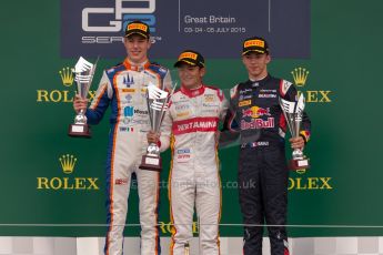 World © Octane Photographic Ltd. Sunday 5th July 2015. Campos Racing – Rio Haryanto (1st), Trident – Raffaele Marciello (2nd) and DAMS – Pierre Gasly (3rd). GP2 Race 2 – Silverstone, UK. Digital Ref. : 1339JM1D5107