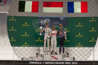 World © Octane Photographic Ltd. Sunday 5th July 2015. Campos Racing – Rio Haryanto (1st), Trident – Raffaele Marciello (2nd) and DAMS – Pierre Gasly (3rd). GP2 Race 2 – Silverstone, UK. Digital Ref. : 1339JM1D5108