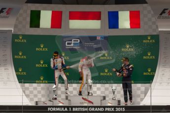 World © Octane Photographic Ltd. Sunday 5th July 2015. Campos Racing – Rio Haryanto (1st), Trident – Raffaele Marciello (2nd) and DAMS – Pierre Gasly (3rd). GP2 Race 2 – Silverstone, UK. Digital Ref. : 1339JM1D5109