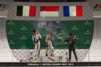 World © Octane Photographic Ltd. Sunday 5th July 2015. Campos Racing – Rio Haryanto (1st), Trident – Raffaele Marciello (2nd) and DAMS – Pierre Gasly (3rd). GP2 Race 2 – Silverstone, UK. Digital Ref. : 1339JM1D5110