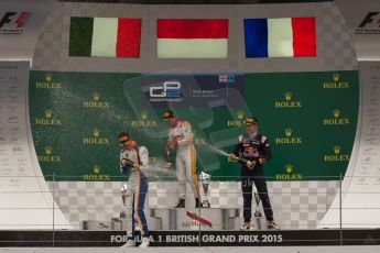 World © Octane Photographic Ltd. Sunday 5th July 2015. Campos Racing – Rio Haryanto (1st), Trident – Raffaele Marciello (2nd) and DAMS – Pierre Gasly (3rd). GP2 Race 2 – Silverstone, UK. Digital Ref. : 1339JM1D5111