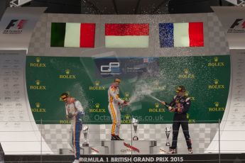 World © Octane Photographic Ltd. Sunday 5th July 2015. Campos Racing – Rio Haryanto (1st), Trident – Raffaele Marciello (2nd) and DAMS – Pierre Gasly (3rd). GP2 Race 2 – Silverstone, UK. Digital Ref. : 1339JM1D5112