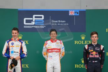 World © Octane Photographic Ltd. Sunday 5th July 2015. Campos Racing – Rio Haryanto (1st), Trident – Raffaele Marciello (2nd) and DAMS – Pierre Gasly (3rd). GP2 Race 2 – Silverstone, UK. Digital Ref. : 1339LB1D6152