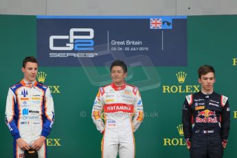 World © Octane Photographic Ltd. Sunday 5th July 2015. Campos Racing – Rio Haryanto (1st), Trident – Raffaele Marciello (2nd) and DAMS – Pierre Gasly (3rd). GP2 Race 2 – Silverstone, UK. Digital Ref. : 1339LB1D6163