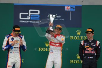 World © Octane Photographic Ltd. Sunday 5th July 2015. Campos Racing – Rio Haryanto (1st), Trident – Raffaele Marciello (2nd) and DAMS – Pierre Gasly (3rd). GP2 Race 2 – Silverstone, UK. Digital Ref. : 1339LB1D6175