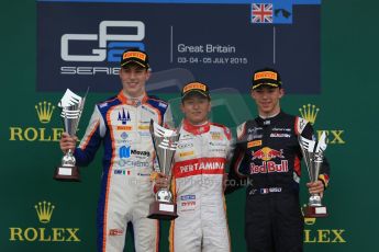 World © Octane Photographic Ltd. Sunday 5th July 2015. Campos Racing – Rio Haryanto (1st), Trident – Raffaele Marciello (2nd) and DAMS – Pierre Gasly (3rd). GP2 Race 2 – Silverstone, UK. Digital Ref. : 1339LB1D6212