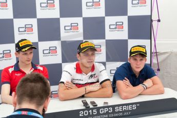 World © Octane Photographic Ltd. Saturday 4th July 2015. ART Grand Prix – Marvin Kirchhofer (1st), Arden International – Emil Bernstorff (2nd) and Koiranen GP – Matthew Parry (3rd). GP3 Race 1 – Silverstone, UK. Digital Ref. : 1337JM1D4174