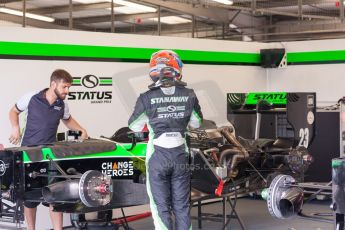 World © Octane Photographic Ltd. Thursday 2nd July 2015. Status Grand Prix – Richie Stanaway. GP2 Paddock – Silverstone, UK. Digital Ref. : 1325JM1D-3107