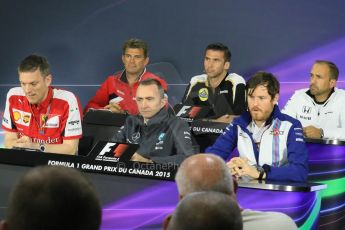 World © Octane Photographic Ltd. FIA Drivers’ Press Conference. Friday 5th June 2015, F1 Canadian GP, Circuit Gilles Villeneuve, Montreal, Canada. Scuderia Ferrari Technical Director – James Alison, Lotus F1 Team CEO – Matthew Carter, Manor Marussia F1 Team CEO – Graeme Lowdon, Mercedes AMG Petronas Executive Director (Technical) – Paddy Lowe, McLaren Honda Engineering Director – Matt Morris, Williams Martini Racing Head of Vehicle Performance - Rob Smedley. Digital Ref: 1293LB7D0290