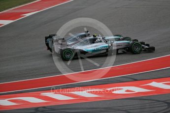 World © Octane Photographic Ltd. Mercedes AMG Petronas F1 W06 Hybrid – Nico Rosberg and Lewis Hamilton battle up to turn 1. Sunday 25th October 2015, F1 USA Grand Prix Race, Austin, Texas - Circuit of the Americas (COTA). Digital Ref: 1466LB1D1776
