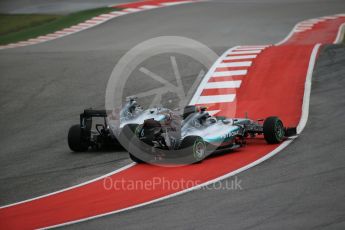 World © Octane Photographic Ltd. Mercedes AMG Petronas F1 W06 Hybrid – Nico Rosberg and Lewis Hamilton battle up to turn 1. Sunday 25th October 2015, F1 USA Grand Prix Race, Austin, Texas - Circuit of the Americas (COTA). Digital Ref: 1466LB1D1779