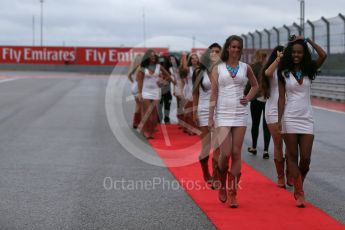 World © Octane Photographic Ltd. Grid girls. Sunday 25th October 2015, F1 USA Grand Prix - Drivers Parade. Austin, Texas - Circuit of the Americas (COTA). Digital Ref: 1465LB1D1435